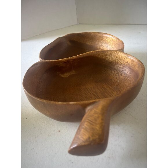 Vintage Hand Carved Monkey Pod Double Section Acorn Shaped Serving Dish - Picture 4 of 10